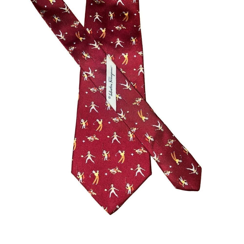 Salvatore Ferragamo Red Sports Players Print Handmade Neck Tie